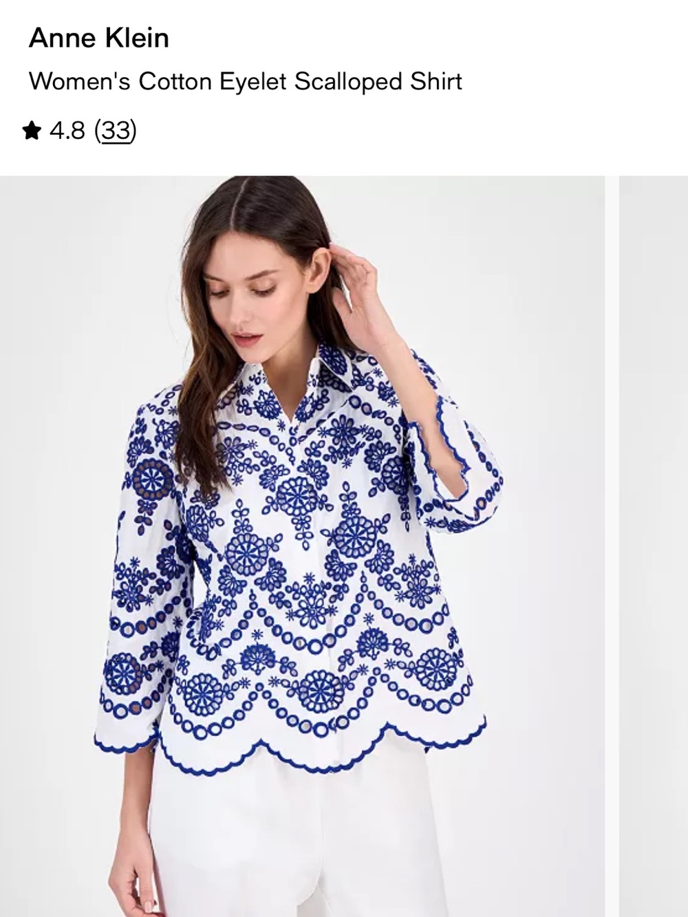 Anne Klein White Button-Down Top with Blue Embroidered Scallop Hem